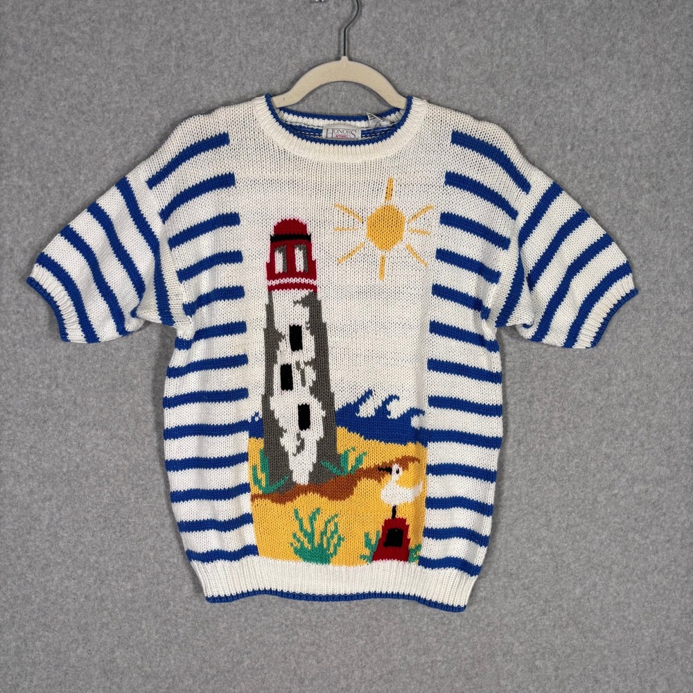 Vintage‎ Lighthouse Sweater Small White Blue Ocean Beach Nautical 90s 80s Granny